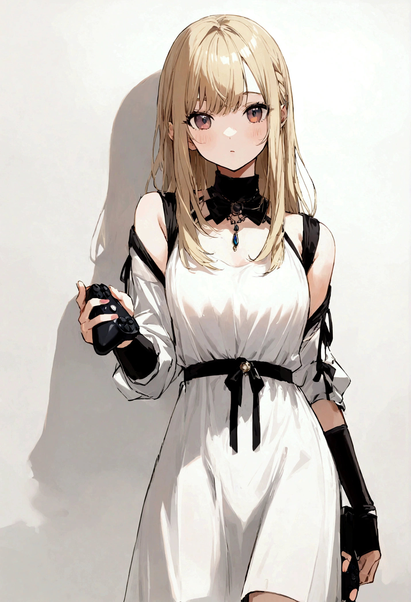 17-year-old girl、Long blonde、Holding a black controller in hand、The outfit is a one-piece dress、Background is a white wall