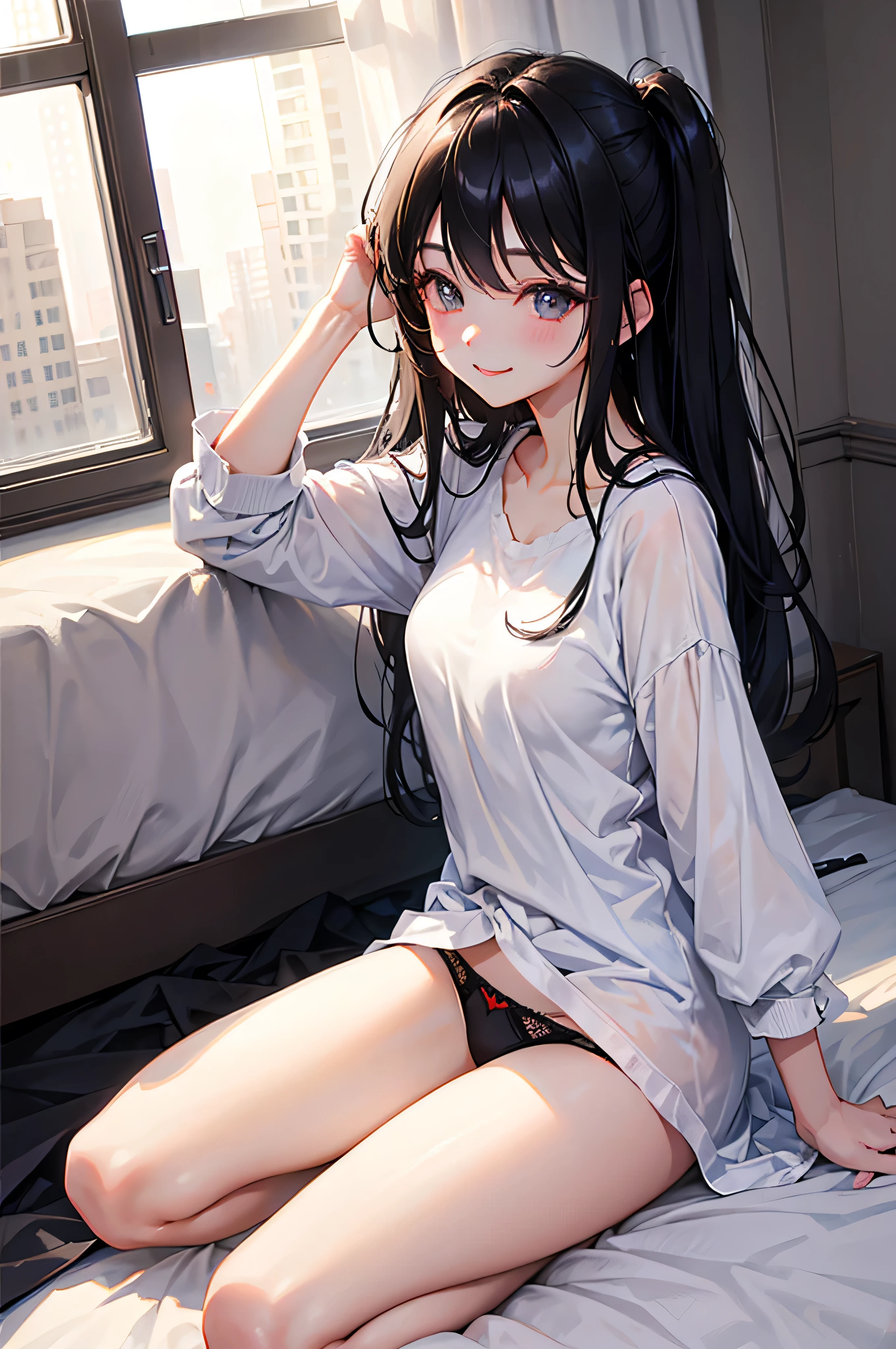 beautiful girl、Black Hair、On the bed、Panty shot、smile