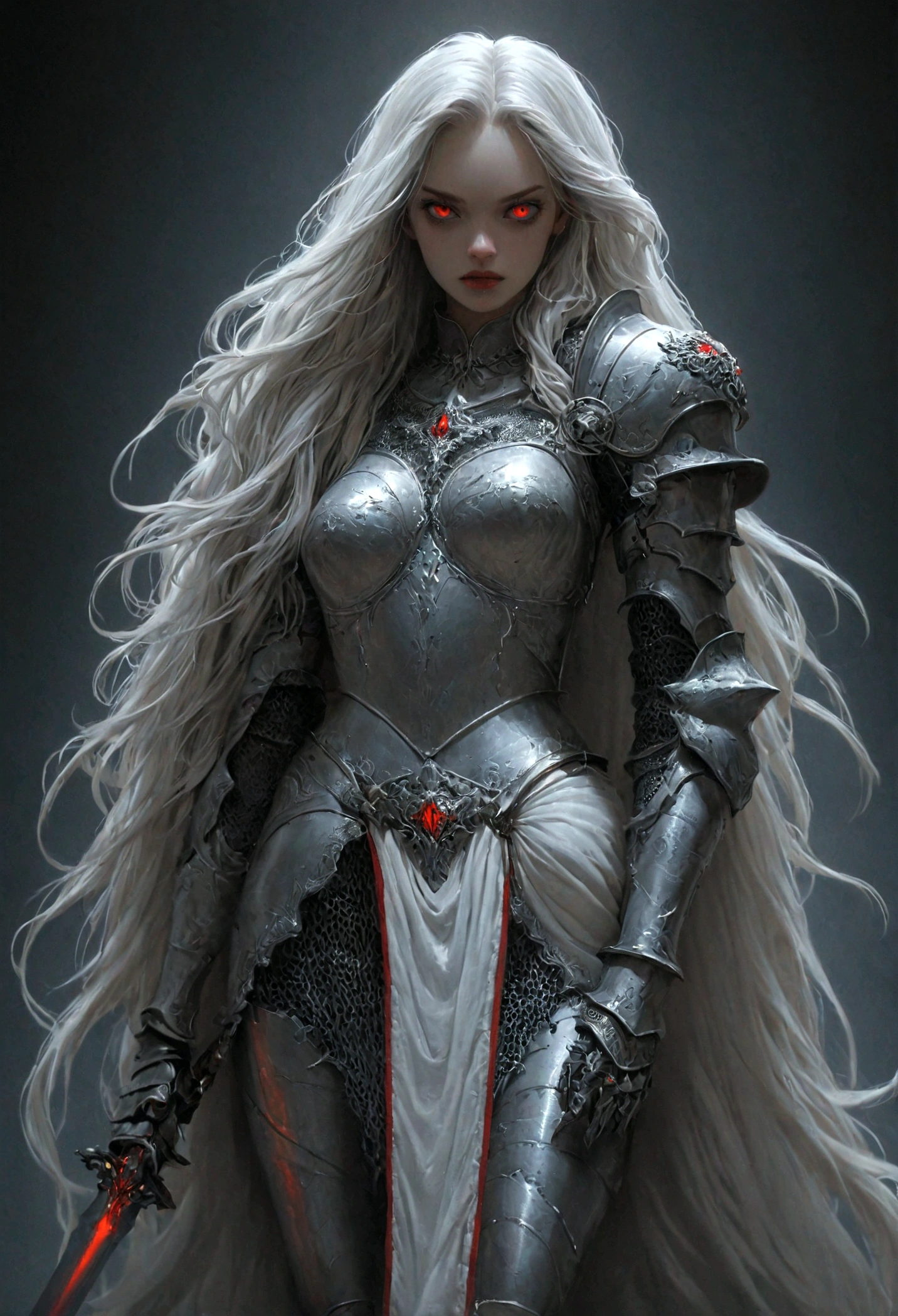 ((Masterpiece)), (Best Quality),(Cinematic),(highly accurate drawing in every detail)(extremely precise representation) evil awe inspiring night time with full moon scenery,1girl,fit,small breasts,long legs,sporty butt, red eyes, pale light grey skin, we capture a standing stunning tall young vampire girl with mindblowing face that takes a nice pose and showing her fangs keeping her fine crafted straight-sword in front of her krypta surrounded wearing a beautifully crafted black with silver ornaments meager and form fitting plate armor with some lace covered skin , extreme long silver hair, overknee armor heeled boots with buckles. (Masterpiece), (Best Quality), (ultra detailed), (most absurd), (highres), (official art:1.4), (illustration:1.4), (clear image:1.2),(delicate illustration: 1.2), 8k ,(detailed face:1.3), (highlights in eyes:1.3), (detailed silver long hair:1.3), (detailed skin:1.3), , perfect drawing lines. detailed full body picture, full body representation, head and hands and feet in the picture,
