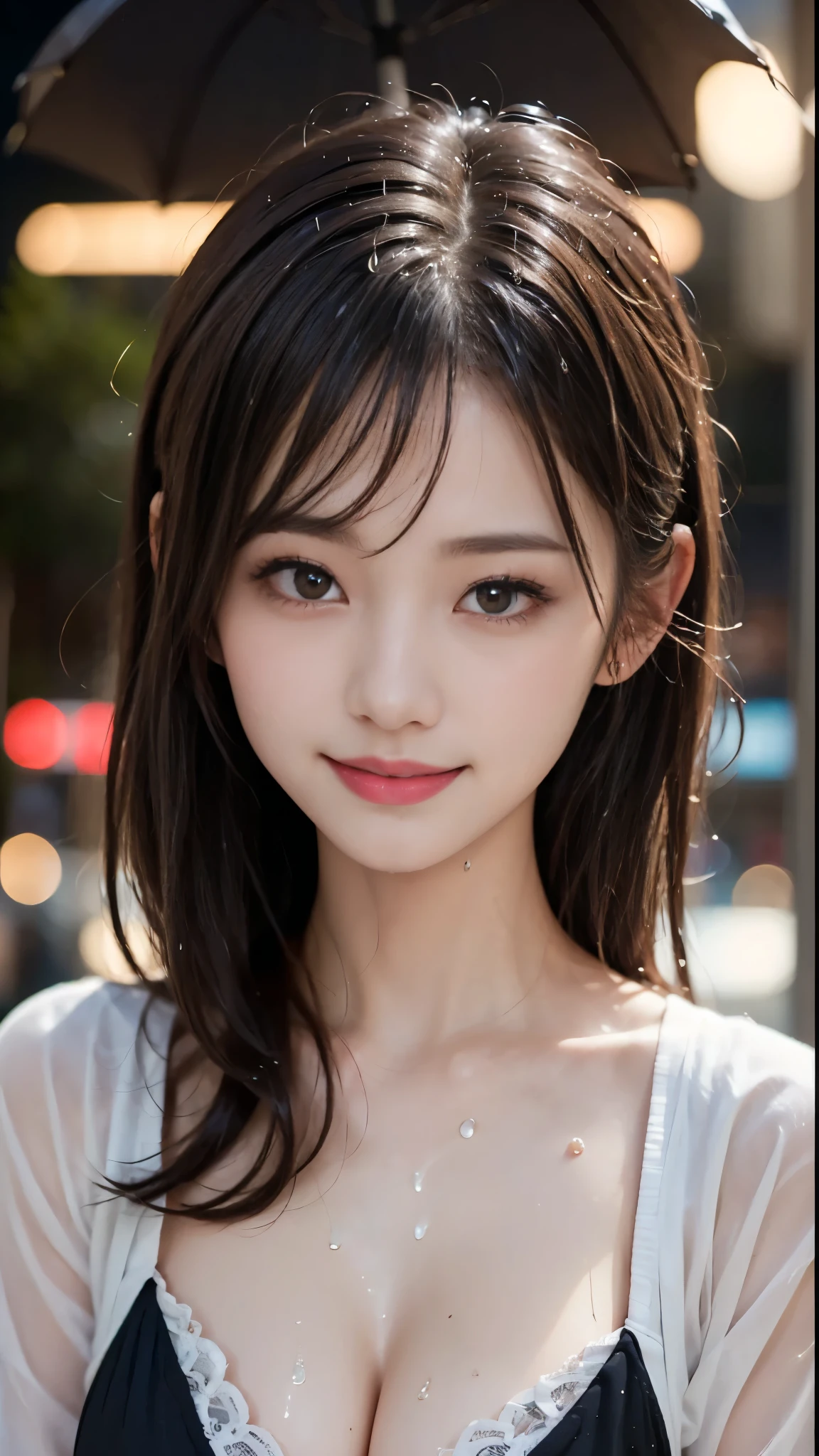 ((Night in the city、highest quality、Masterpiece、High resolution))、(((Zoom photo of upper body、Wet body、Wet Hair)))、(A shy smile:1.2)、One 15-year-old female、Beautiful Skin、Beautiful Eyes、Cleavage、Sailor suit、Black Hair、Wavy Hair、Trimmed bangs