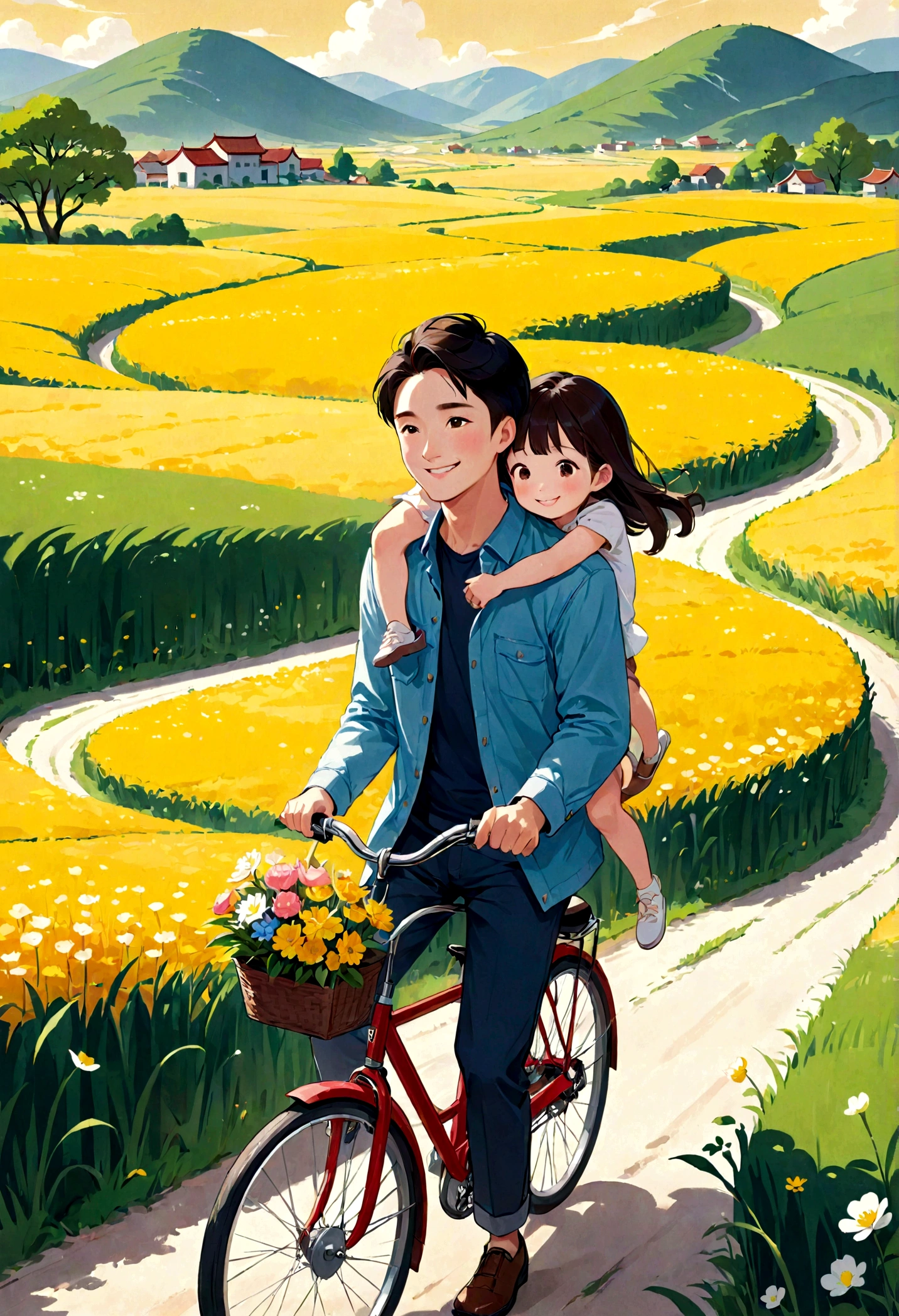 Young Chinese dad riding a bicycle, carrying a cute girl, riding in the field, full of smiles,beautiful spring scene, poster graphic design,flat illustration,warm color,zhang minmei's style,delicate details,high quality