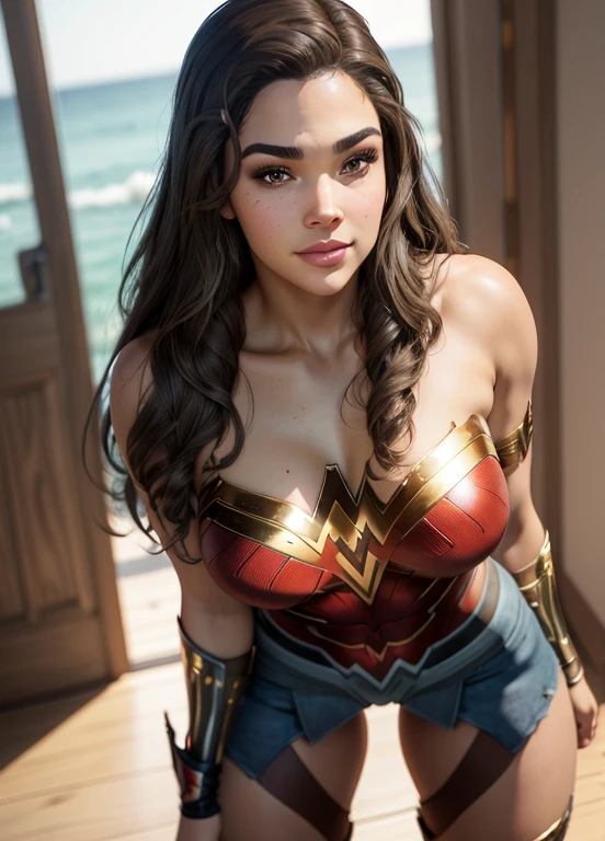 PhotoRealistic Art Style, Natural Beauty, Masterpiece, Full Body View Visible, Hailee Steinfeld, Perfectly Accurate Face Proportion,Realistic Light Hazel Brown Eyes, Thick Eyebrows, Brown hair, slim toned Thighs, tight ass, perky round breast , slim athletic body type, perfect body type, seductive smile, wonder woman