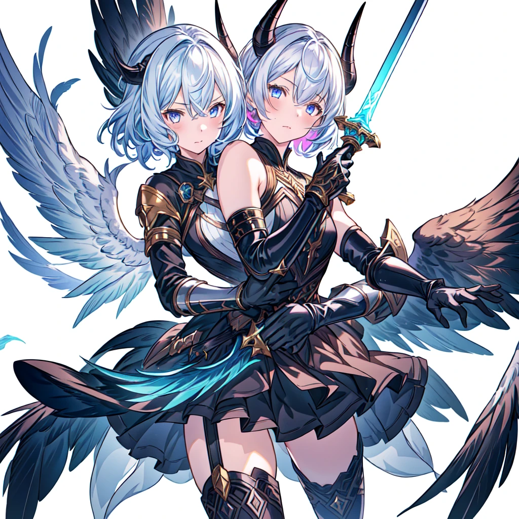 highest quality、最高masterpiece、Dynamic composition、(((One girl))),One girl, alone, Milky white short hair, Magic wand, wing, Black background, sword, Knee socks, Holding, skirt, hair ornaments, gloves, boots, horn, feathered wing, Holding 武器, feather, Two-Way, black skirt, blue eyes, black gloves, Milky hair, whole body, belt, Exposing shoulders, thigh boots, Holding sword, elbow gloves, Gauntlet, [(White Background:1.5),::5] (Isoscale:1.0), Double Exposure, bubble,
Mid Shot, whole body,masterpiece, highest quality,(colorful),(Beautifully detailed eyes and face),Cinema Lighting,Highly detailed CG Unity 8k wallpaper、Super huge、whole body、