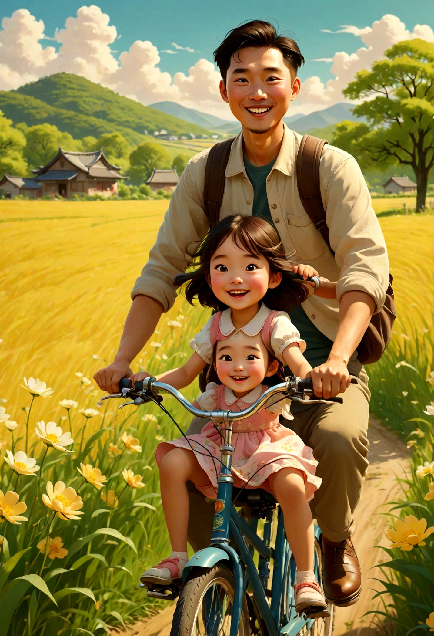 Young Chinese dad riding a bicycle, carrying a cute girl, riding in the field, full of smiles,beautiful spring scene, poster graphic design,flat illustration,warm color,zhang minmei's style,delicate details,high quality