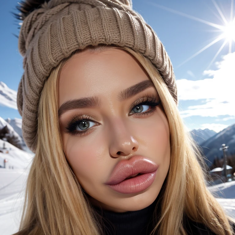 (best quality:1.1), 1girl, woolly hat, blonde hair, ski girl, beautiful face, cute,
big lips, (enormous lips:1.2), (huge lips:1.1), bimbolips strong lighting, sunlight, apres ski, off-piste, ski season,
8k, 4k, intricate, detailed face, detailed eyes