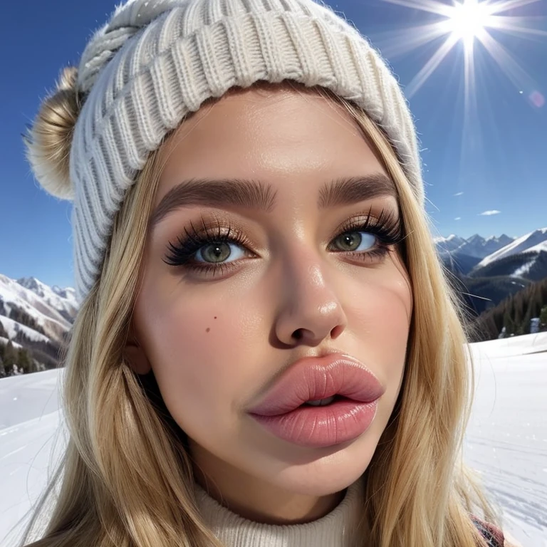 (best quality:1.1), 1girl, woolly hat, blonde hair, ski girl, beautiful face, cute,
big lips, (enormous lips:1.2), (huge lips:1.1), bimbolips strong lighting, sunlight, apres ski, off-piste, ski season,
8k, 4k, intricate, detailed face, detailed eyes