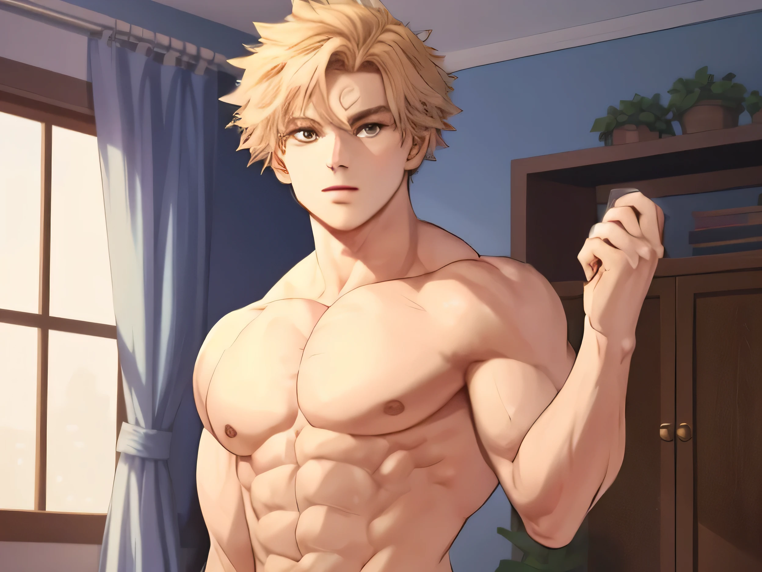 Muscular male,young male, with bulging muscles, standing at home, detailed, high detailed, realistic perfect hands, shirtless, hands up, wearing underwear, modern era, huge muscular chest, hyper muscle, bulge, smile, detailed eye, Bakugo Katsuki, yellow spiky hair, Boku no Hero Academia