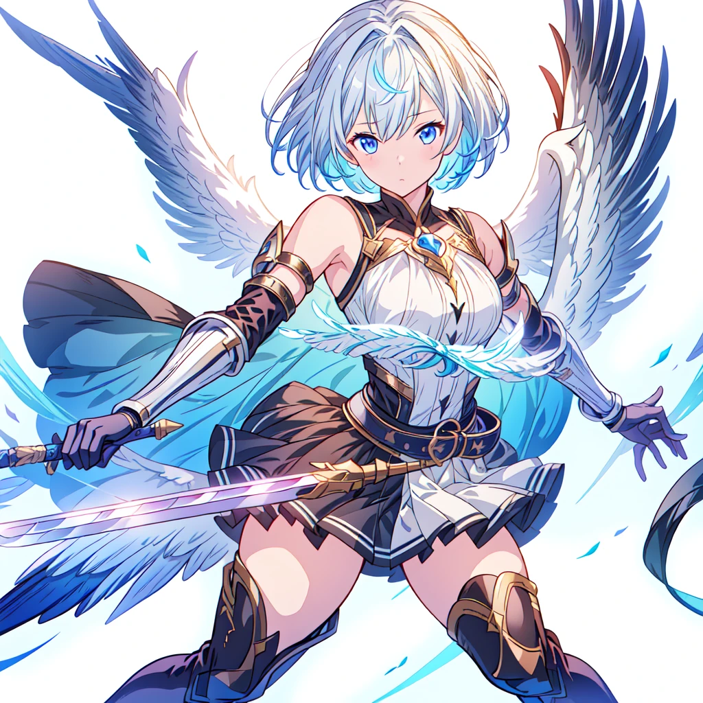 Dynamic composition、(((One girl))),One girl, alone, Milky white short hair, Magic wand, wing, Black background, sword, Knee socks, Holding, skirt, hair ornaments, gloves, boots, feathered wing, Holding 武器, feather, Two-Way, black skirt, blue eyes, black gloves, Milky hair, whole body, belt, Exposing shoulders, thigh boots, Holding sword, elbow gloves, Gauntlet, [(White Background:1.5),::5] (Isoscale:1.0), Double Exposure, bubble,
Mid Shot, whole body,masterpiece, highest quality,(colorful),(Beautifully detailed eyes and face),Cinema Lighting,Highly detailed CG Unity 8k wallpaper、Super huge、whole body、