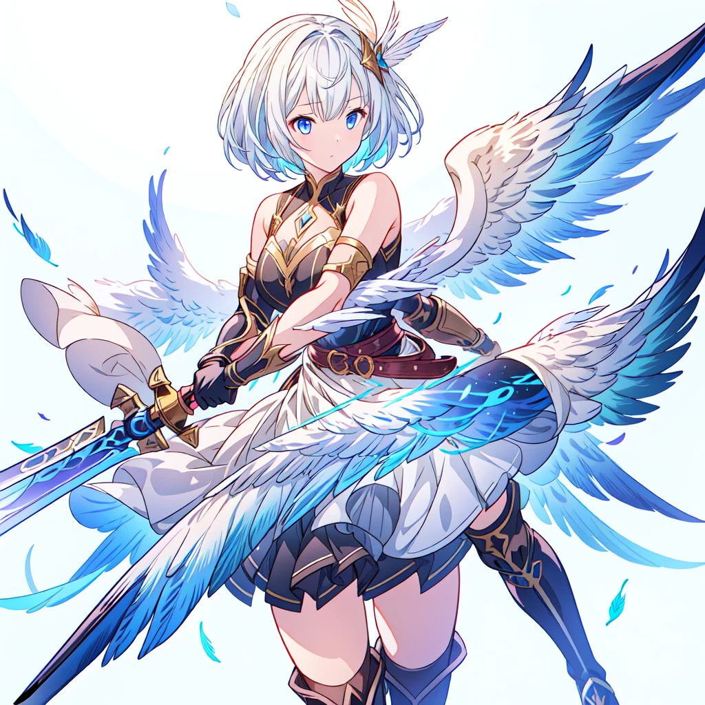 Dynamic composition、(((One girl))),One girl, alone, Milky white short hair, Magic wand, wing, Black background, sword, Knee socks, Holding, skirt, hair ornaments, gloves, boots, feathered wing, Holding 武器, feather, Two-Way, black skirt, blue eyes, black gloves, Milky hair, whole body, belt, Exposing shoulders, thigh boots, Holding sword, elbow gloves, Gauntlet, [(White Background:1.5),::5] (Isoscale:1.0), Double Exposure, bubble,
Mid Shot, whole body,masterpiece, highest quality,(colorful),(Beautifully detailed eyes and face),Cinema Lighting,Highly detailed CG Unity 8k wallpaper、Super huge、whole body、