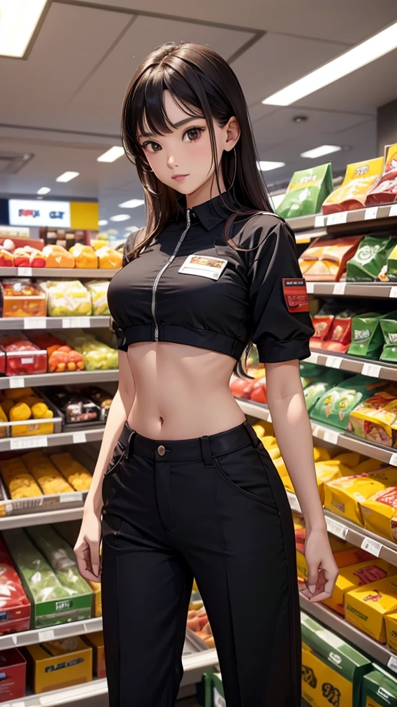 A cartoon-like touch, (A full view of a strong-looking female police officer shopping at a convenience store), Completely naked, masterpiece, High resolution, Masterpiece