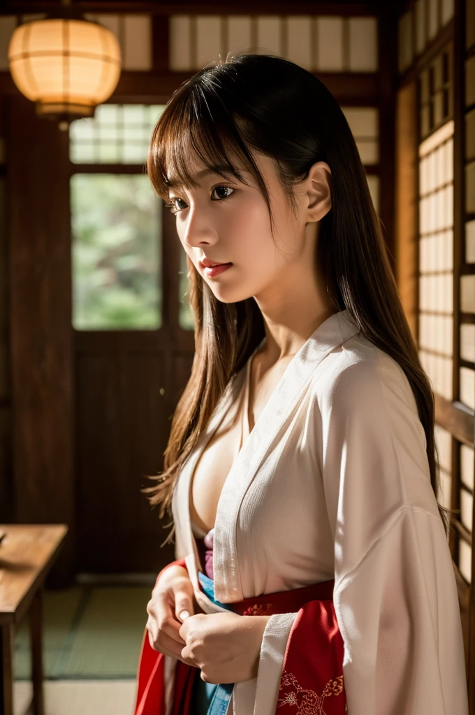 (high resolution、high quality、High resolution、detailed、8k、masterpiece)、超A high resolution、(Photorealistic:1.3)、RAW Photos、((Ultra-Realistic Details))、Portrait、Global Illumination、Shadow、Octane Rendering、8k、Super sharp、Beautiful breasts、Beautiful Eyes、非常に複雑なdetailed、Realistic Light、CGSoation Trend、ネオンのdetailed、The light is gentle、1 girl、Bewitching Charm、Long Hair、Enchanting Japanese red kimono、An emotional presence、(A dimly lit room in a samurai residence、In the back is a Japanese garden)、((Amazingly cute))、少しsexy、Healthy Body、22age、wide shot、full body、It feels like you're really there、Dignified、Hidden Past、sexy、smile、Glowing Skin、A pose that really gets men excited、Transcendently beautiful face、The light of the lantern