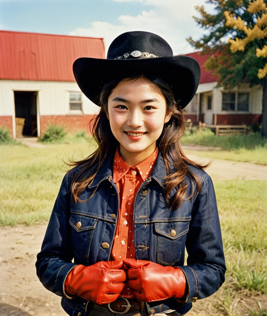 (masterpiece, best quality:1.2), cowboy shot, solo, 1girl, komori met, smile, looking at viewer, black headwear, jacket, long sleeves, gloves, William eggleston