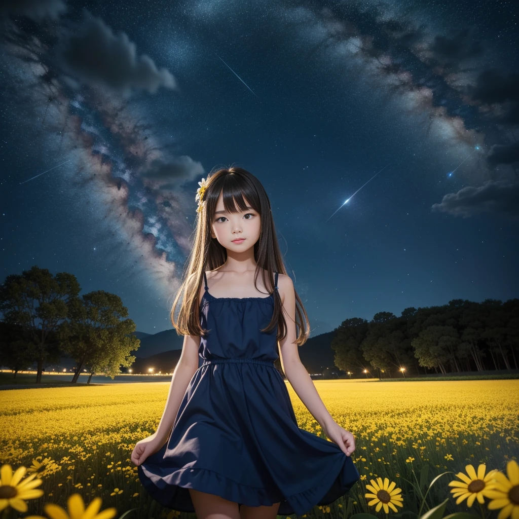 Beautiful images、universe、Fantasy、Shooting start or swarm、Teenage Girl、black eye、Hair length、Starry Sky、Japanese、high school girl、camisole、Fluttering mini skirt、
