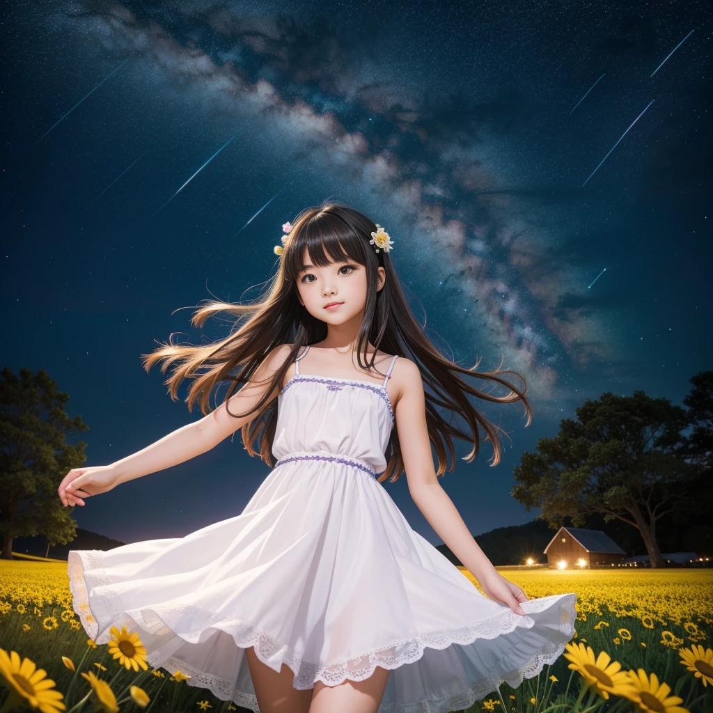 8K、12-year-old beautiful girl, length hair, starryskybackground、detailed beautiful faces、Camisole Dresses, flower field、Night