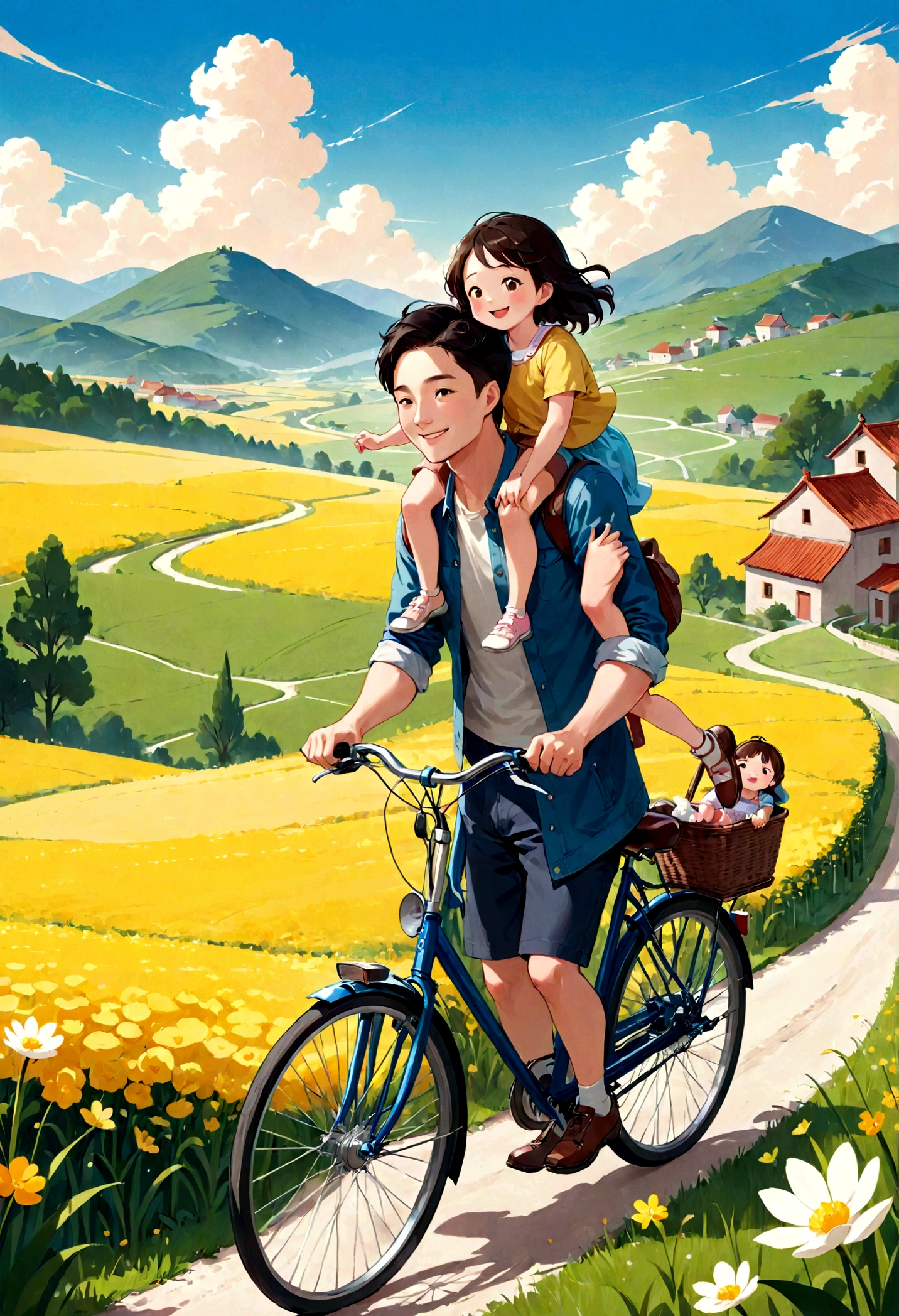 Young Chinese dad riding a bicycle, carrying a cute girl, riding in the field, full of smiles,beautiful spring scene, poster graphic design,flat illustration,warm color,zhang minmei's style,delicate details,high quality