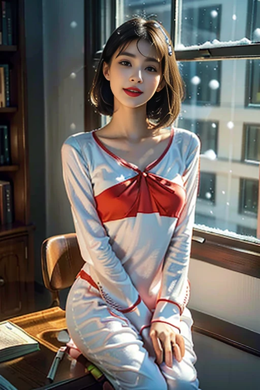 (shoulder-length straight bob hair:1),（Extremely meticulous CG),(((8k))),wallpaper,(Extremely refined and beautiful),(Masterpiece:2.0），（best qualtiy:2.0），（Ultra High Resolution:2.0),beautiful light up，Perfect lightning,realistic shaded，[A high resolution],(Smooth and flawless fair skin:1.5),Extremely exquisite facial details,ultra - detailed,A  girl,small head,small face,clear face,Exquisite makeup,red lips,Close Shot,at home,In study,Bookshelf,(Sitting on a chair by the desk:1.3),(many books and stationery on the desk:1.2),(laughing:1.2),(perfect body:1.1),small breasts,flat chest,slim,thin,(white pajama dress:1.5),(femal orgasmic:1.5),(blush:1.3),ahegao,cowboy shot,portrait,from front,day scene,dim light,blue green wall,Yellow curtains,(Outside the window are tall buildings:1.3),winter,(snowing outside:1.2)