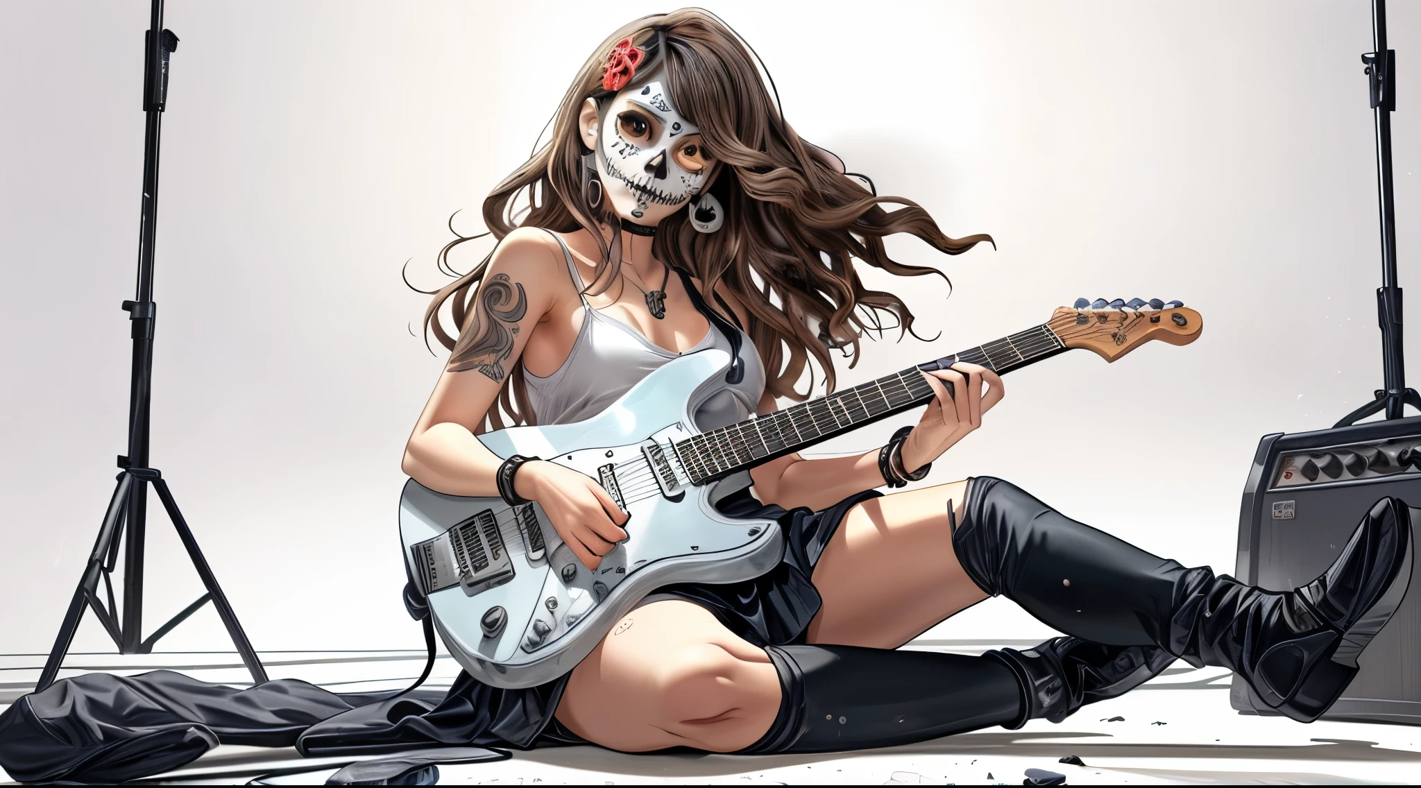((japanese 3d style manga anime artwork)) (((textile & face natural shading))), (((Best Quality))), (((masterpiece))), (((cartoon style with natural dramatic shade))) 1 girl visual, manga environtment art (A girl with mexican de los muertos style skull face painting on her face), full body stylish cool gesture, long brown wavy hair. The image depicts a 3d cartoon anime-pixar style character of a female skull wearing a guitar. She is playing it while sitting on the ground. ultra high definition, 8K