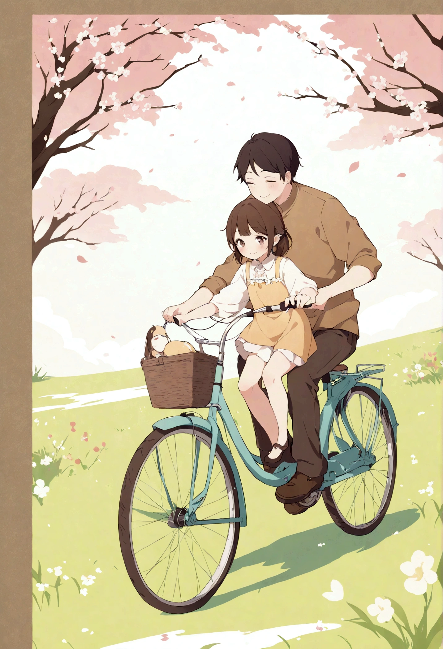 Young Chinese dad riding a bicycle, carrying a cute girl, riding in the field, full of smiles,beautiful spring scene, poster graphic design,flat illustration,warm color,zhang minmei's style,delicate details,high quality