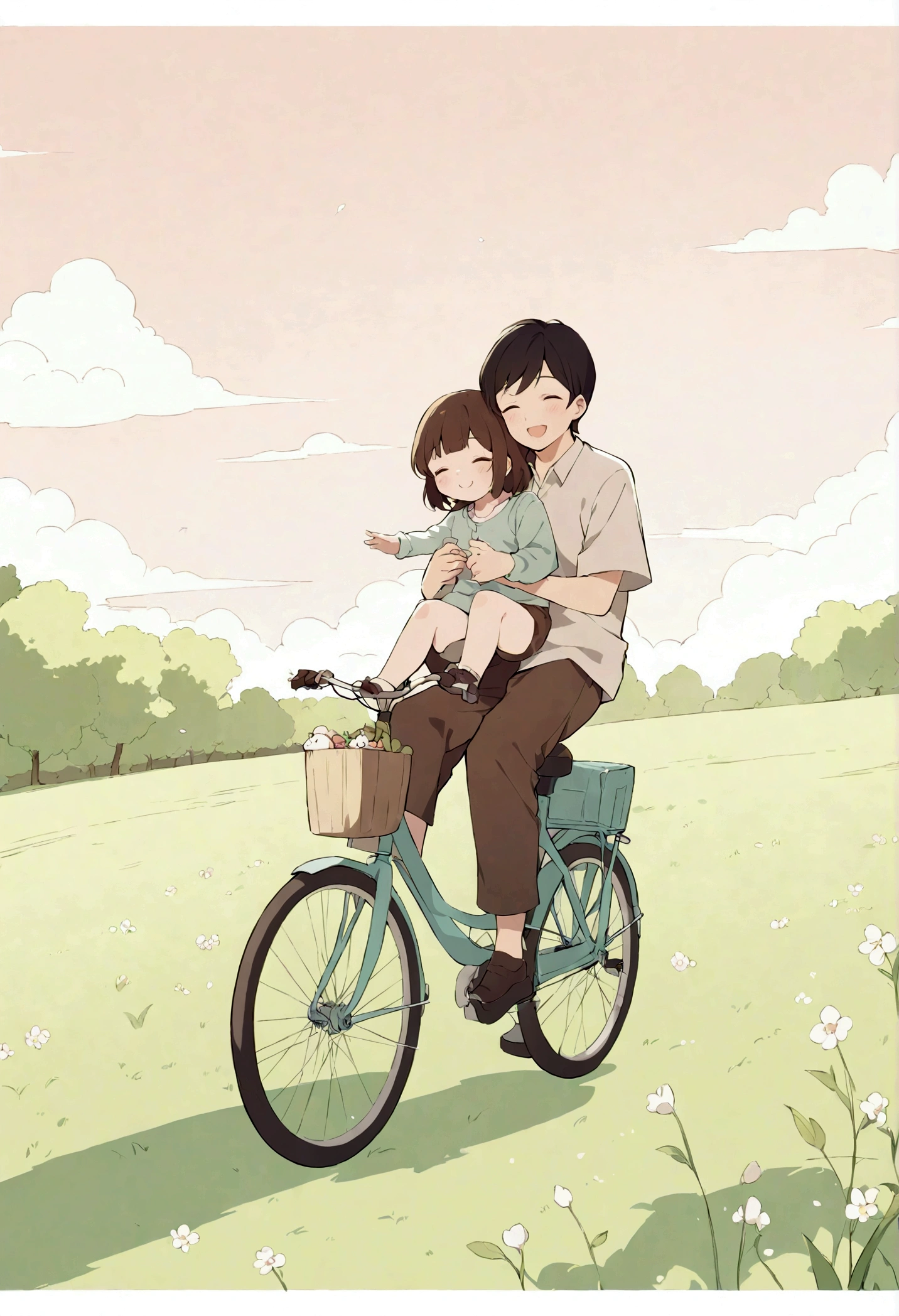 Young Chinese dad riding a bicycle, carrying a cute girl, riding in the field, full of smiles,beautiful spring scene, poster graphic design,flat illustration,warm color,zhang minmei's style,delicate details,high quality