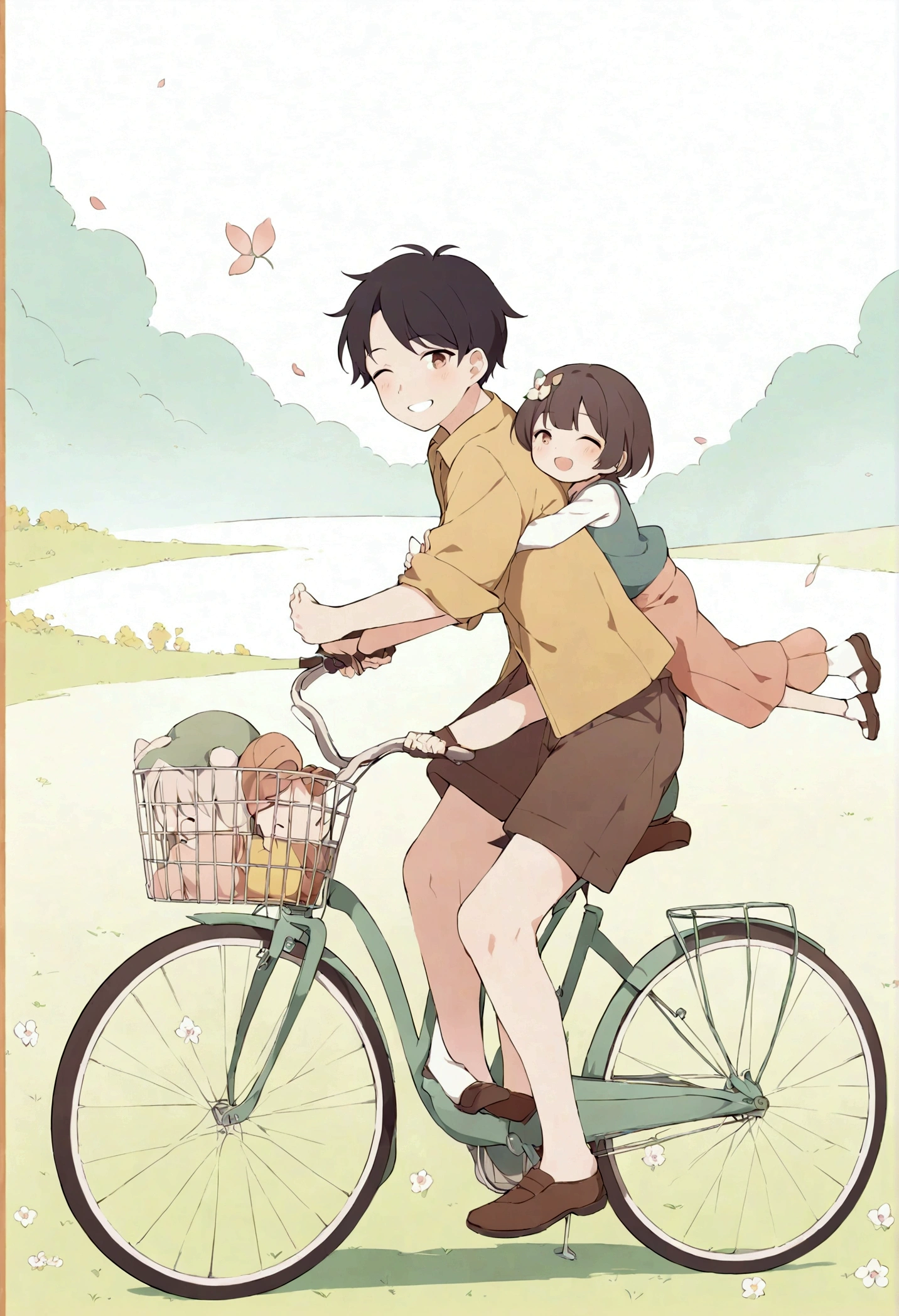 Young Chinese dad riding a bicycle, carrying a cute girl, riding in the field, full of smiles,beautiful spring scene, poster graphic design,flat illustration,warm color,zhang minmei's style,delicate details,high quality