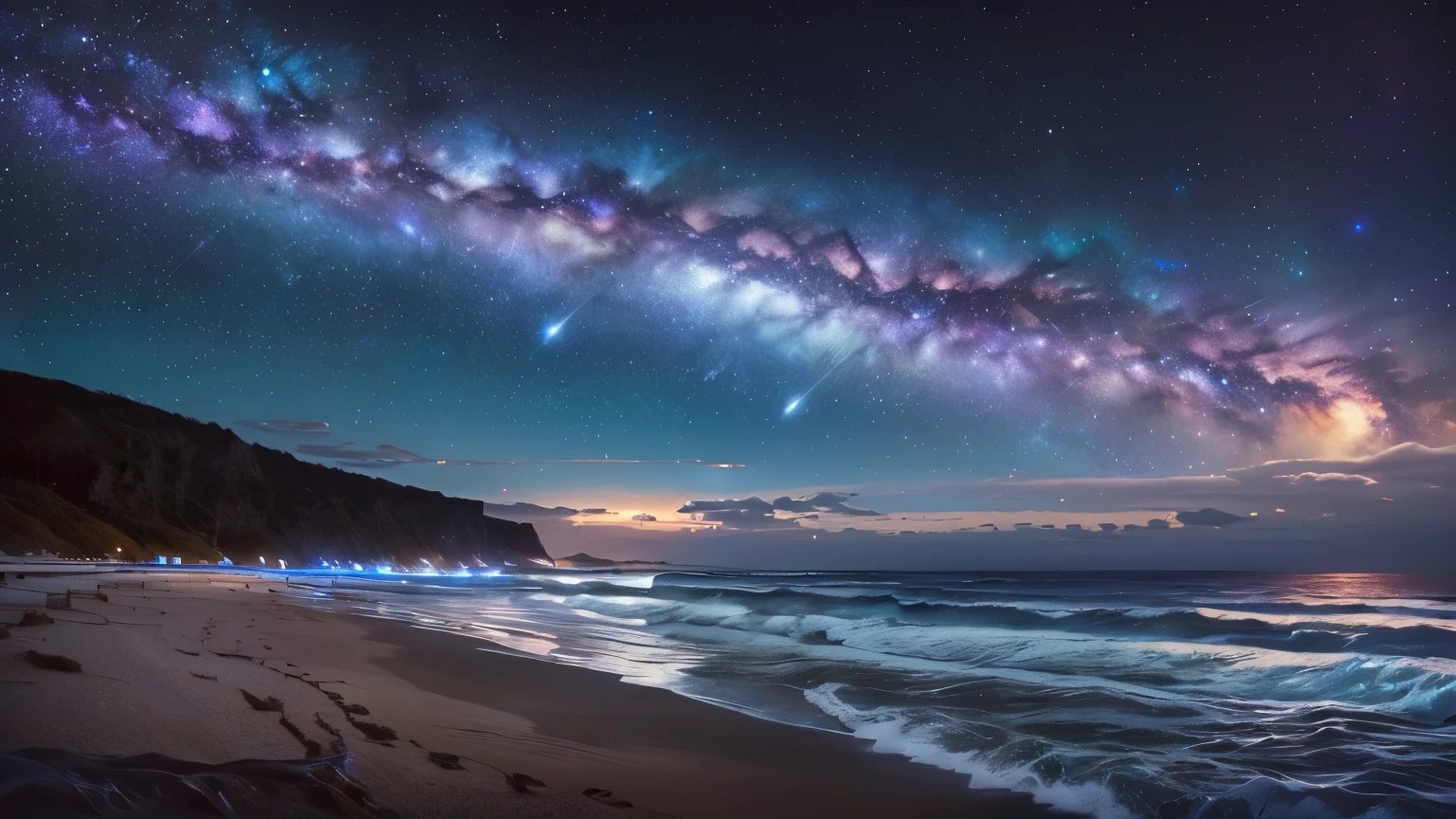 Starry sky over the ocean with waves and the beach, Milky Way, Space Photography, dream sequence, A dreamlike night, Magical Beach, Breathtaking, The endless universe in the background, Milky Way sky, The night sky is the sea, Mikko Lagerstedt, White moon landscape on sandy beach, beautiful Milky Way, The Tranquility of Infinite Stars, Breathtaking composition, Spectacular Background, Starry Sky 8K