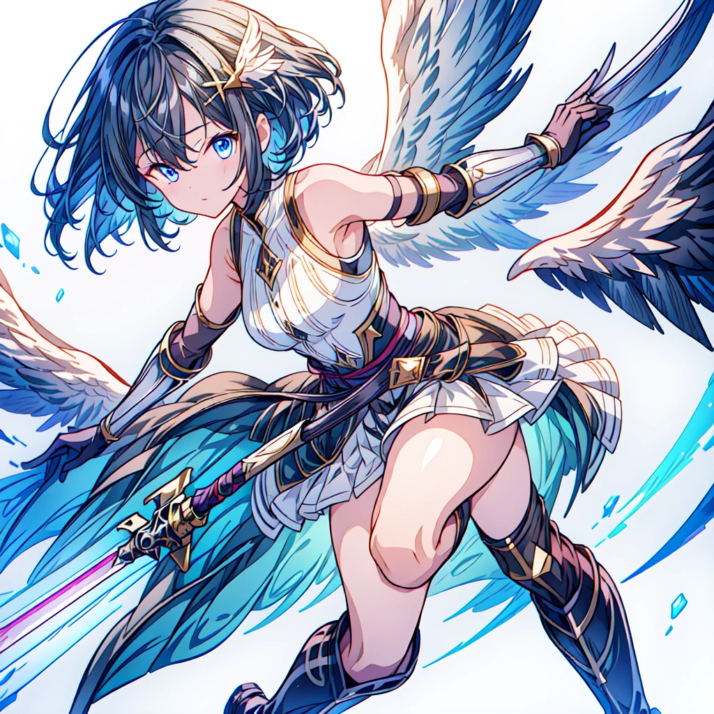 Dynamic composition、(((One girl))),One girl, alone, Milky white short hair, Magic wand, wing, Black background, sword, Knee socks, Holding, skirt, hair ornaments, gloves, boots, feathered wing, Holding 武器, feather, Two-Way, black skirt, blue eyes, black gloves, Milky hair, whole body, belt, Exposing shoulders, thigh boots, Holding sword, elbow gloves, Gauntlet, [(White Background:1.5),::5] (Isoscale:1.0), Double Exposure, bubble,
Mid Shot, whole body,masterpiece, highest quality,(colorful),(Beautifully detailed eyes and face),Cinema Lighting,Highly detailed CG Unity 8k wallpaper、Super huge、whole body、
