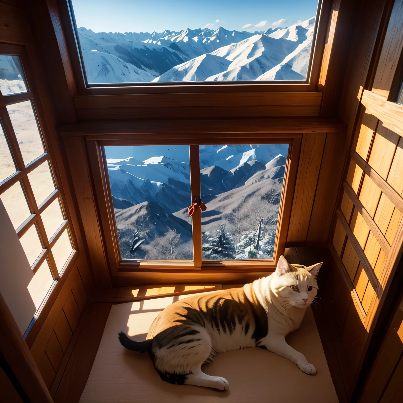 There is an Okina window。Mountain hut style room。A girl。Out of the window。Top view of pets。