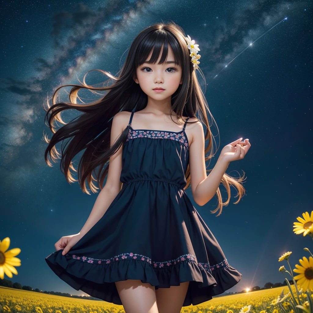 8K、12-year-old beautiful girl, length hair, starryskybackground、detailed beautiful faces、Camisole Dresses, flower  field、Night