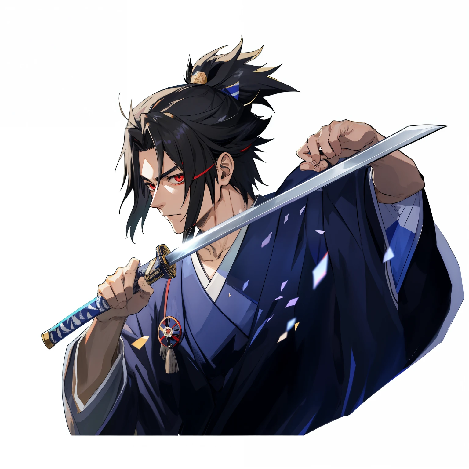 宇智波Sasuke,1 boy、Sasuke,短发Handsome黑色头发,red eye,Wearing a blue kimono,Armed with a samurai sword,Sharp eyes,Handsome,,Samurai, short black hair,younger,handsome face, Gold Eye、simple background、