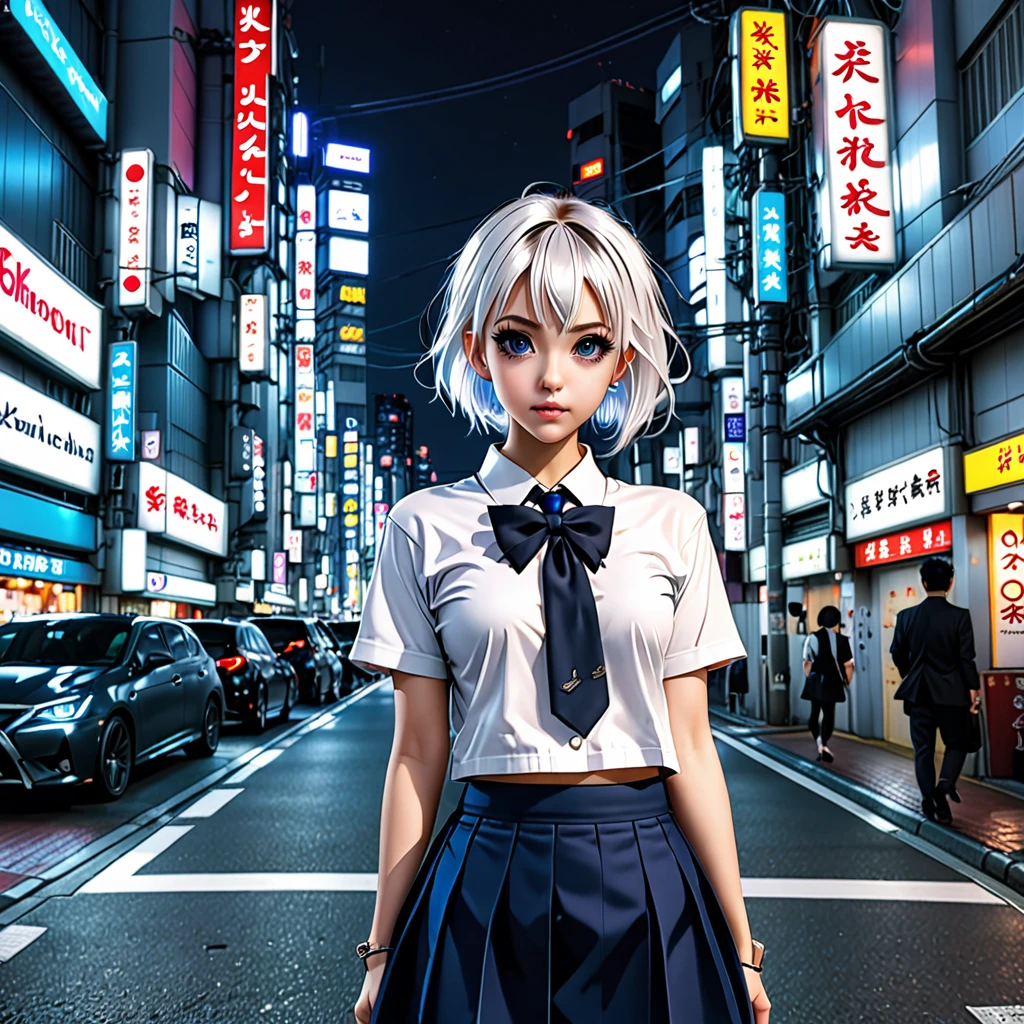 (8k, RAW photo, masterpiece:1.3), (realistic, photo-realistic:1.37), (night), (looking at viewer:1.331), (white hair), posing, Tokyo street, nightcityscape, cyberpunk city, soft light, 1girl, extremely beautiful face, bust, put down hands, Random hairstyle, Random expression, big eyes, lower abdomen, (short-sleeved .JK_shirt), JK_style, (dark blue JK_skirt), (bow JK_tie), mix4., best quality