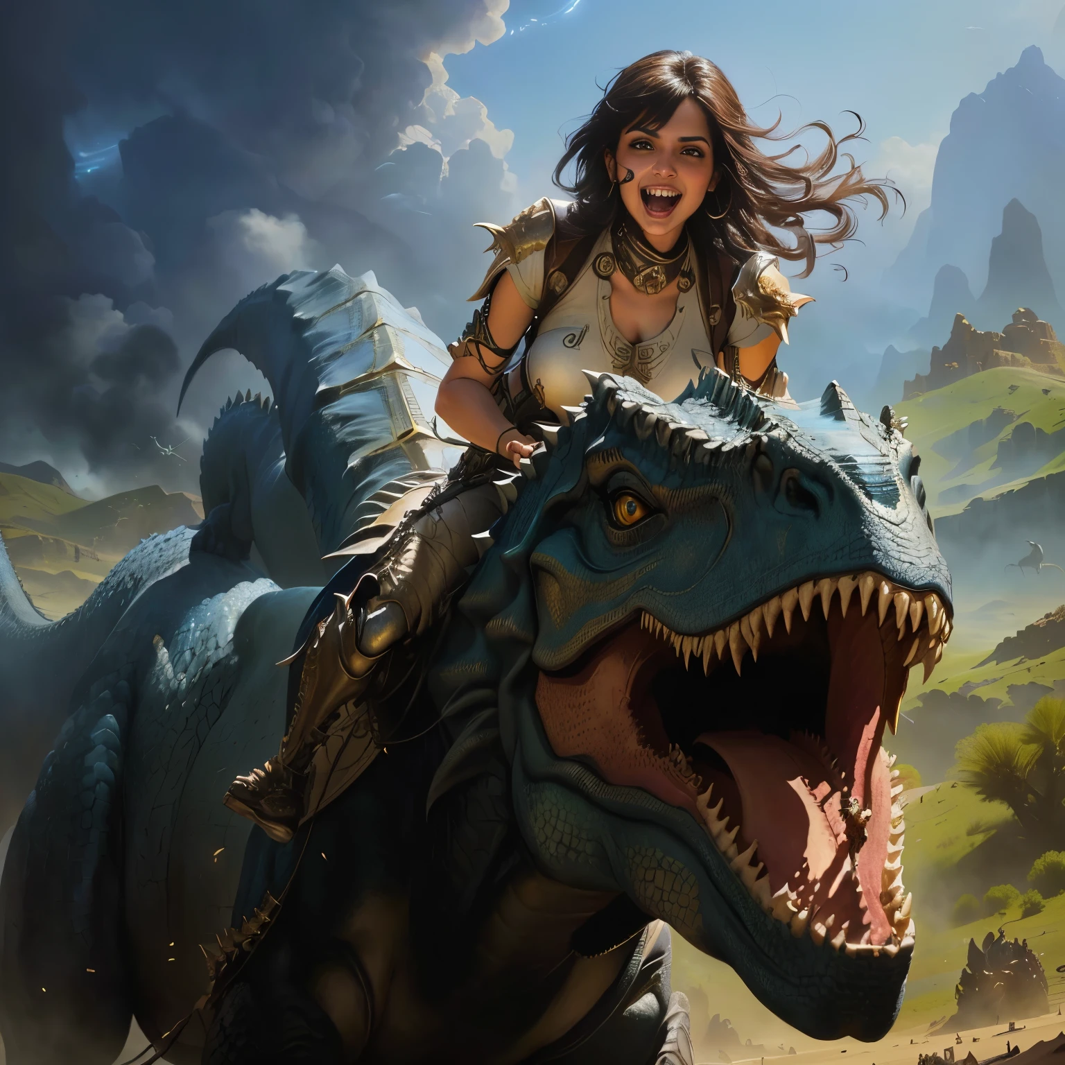 Arabian woman riding a dinosaur with her mouth wide open, Realistic fantasy painting, Realistic fantasy art, Ride a cyborg raptor, Surreal d & d Fantasy Art, Realistic fantasy illustration, Surreal fantasy art, teenage girl riding a dragon, Amazing fantasy art, jurassic image, weta workshop concept art, Collectible Card Art, James Gurney Weta Studios