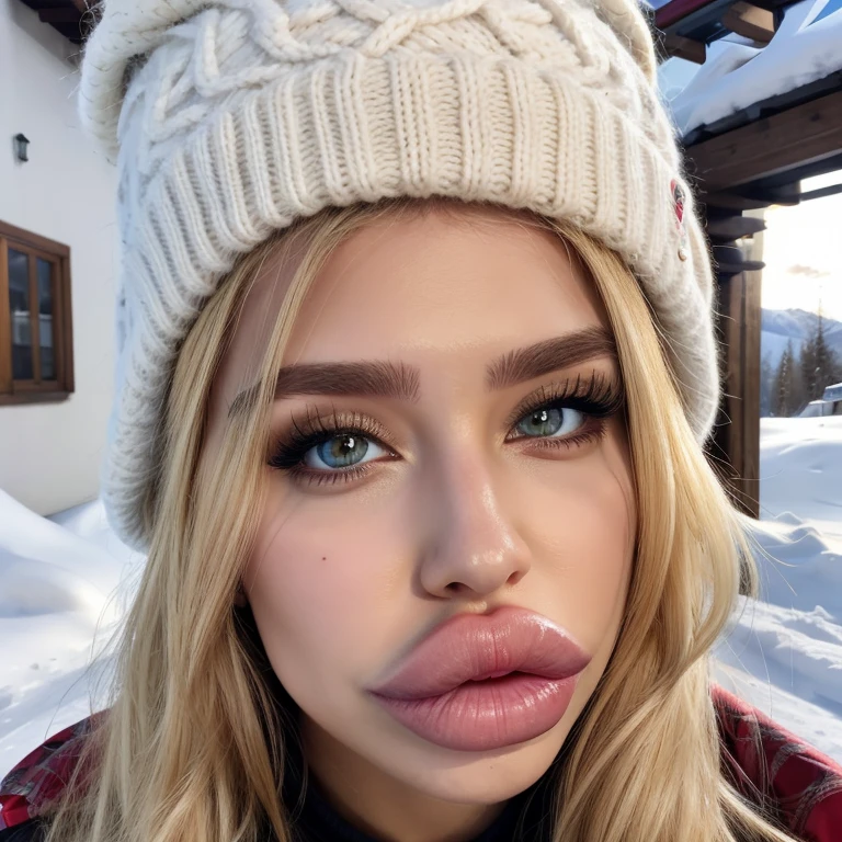 (best quality:1.1), 1girl, woolly hat, blonde hair, ski girl, beautiful face, cute,
big lips, (enormous lips:1.2), (huge lips:1.1), bimbolips strong lighting, sunlight, apres ski, off-piste, ski season,
8k, 4k, intricate, detailed face, detailed eyes