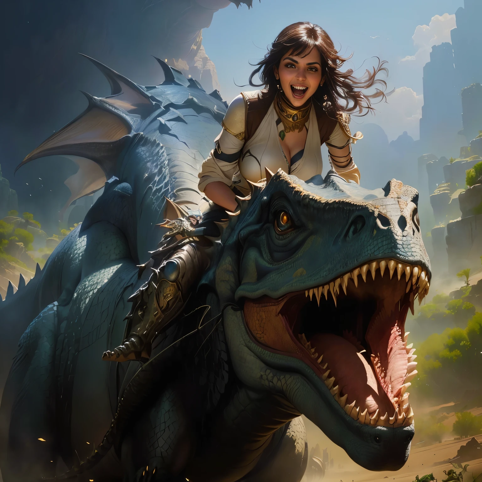 Arabian woman riding a dinosaur with her mouth wide open, Realistic fantasy painting, Realistic fantasy art, Ride a cyborg raptor, Surreal d & d Fantasy Art, Realistic fantasy illustration, Surreal fantasy art, age girl riding a dragon, Amazing fantasy art, jurassic image, weta workshop concept art, Collectible Card Art, James Gurney Weta Studios