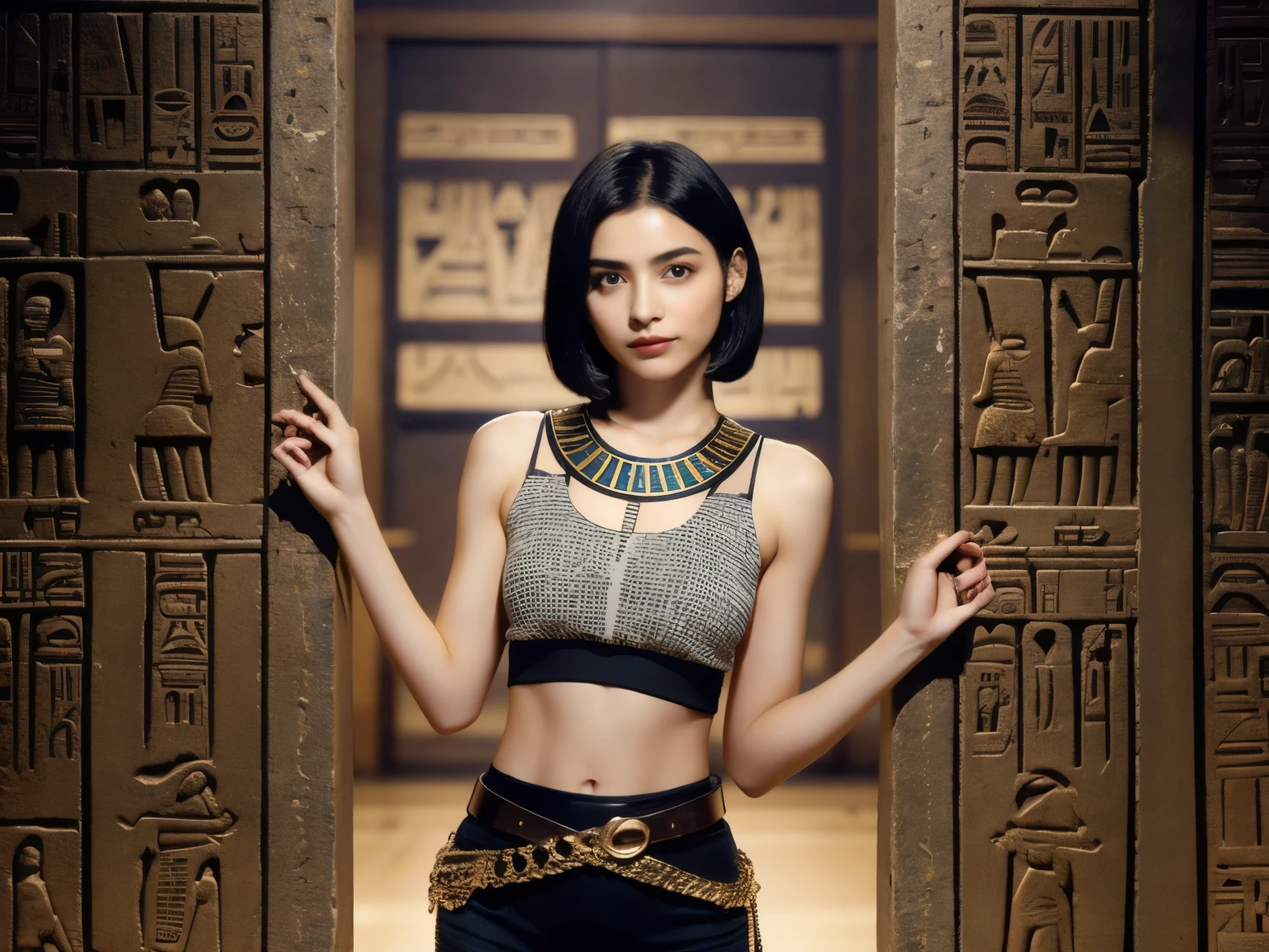 242 20-year-old female, short hair,kind, lipstick, Egyptian civilization, Waist belt, Hieroglyphics