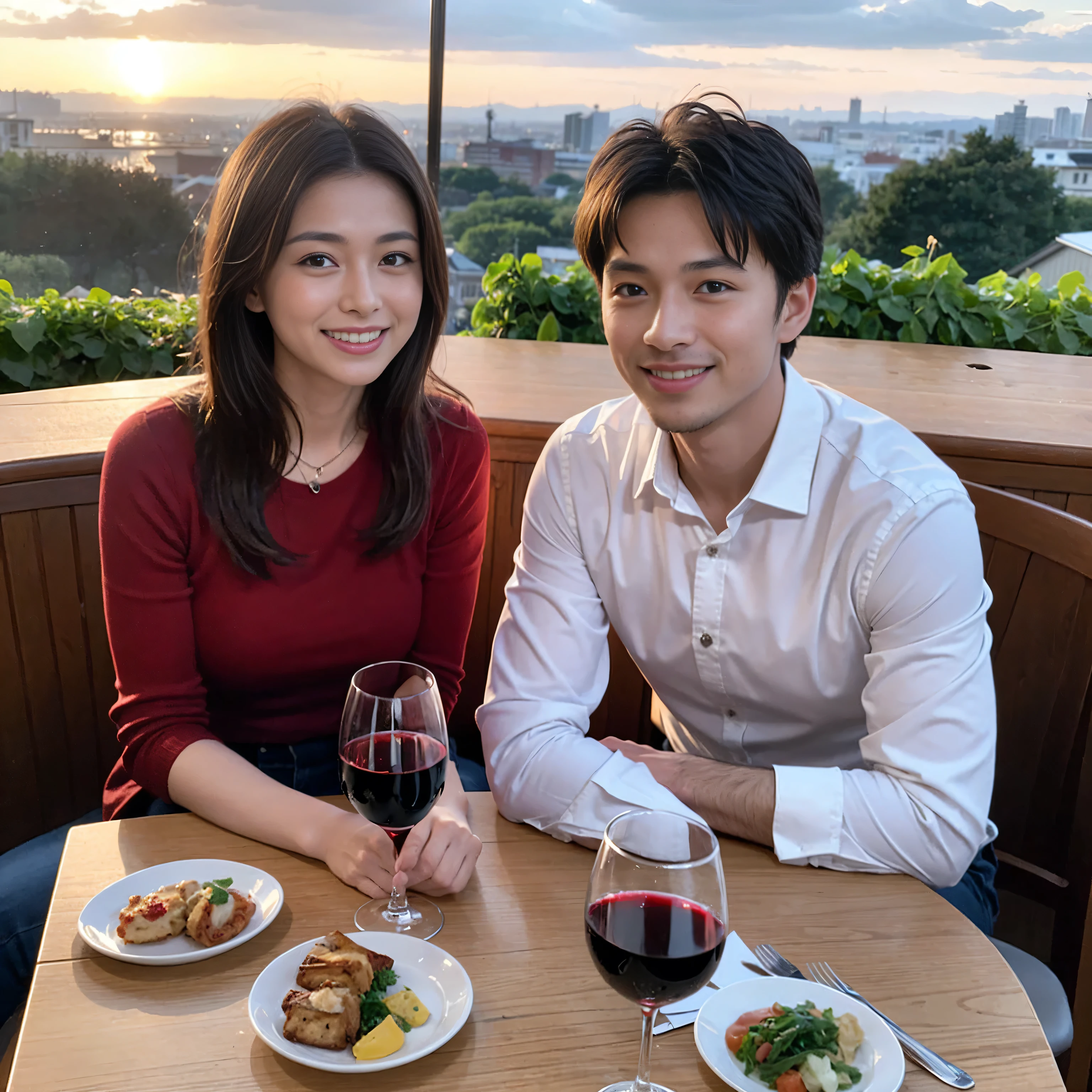 ((highest quality、8k、masterpiece:1.3))、1 male 1 female、lover、Beautiful couple、smile、full-course dinner、 (Slim face), (the body is スリム), (Brown Hair), (Short Hair), Wine glass on the table、Please put light on my face、 Amazing view of the sunset sky and clouds、 (Age 35), 39 years old, red wine 、Appetizers、Wine bottle、sparkling wine、Long sleeve shirt、dress、White wine, red wine, wine glass,