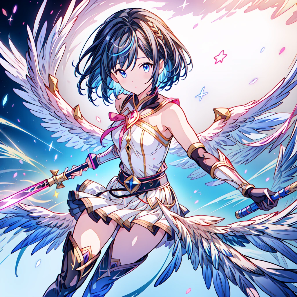 Dynamic composition、Magical girl、(((One girl))),One girl, alone, Milky white short hair, Magic wand, wing, Black background, sword, Knee socks, Holding, skirt, hair ornaments, gloves, boots, feathered wing, Holding 武器, feather,  black skirt, blue eyes, black gloves, Milky hair, whole body, belt, Exposing shoulders, thigh boots, Holding Magic wand, elbow gloves, Gauntlet, [(White Background:1.5),::5] (Isoscale:1.0), Double Exposure, bubble,
Mid Shot, whole body,masterpiece, highest quality,(colorful),(Beautifully detailed eyes and face),Cinema Lighting,Highly detailed CG Unity 8k wallpaper、Super huge、whole body、