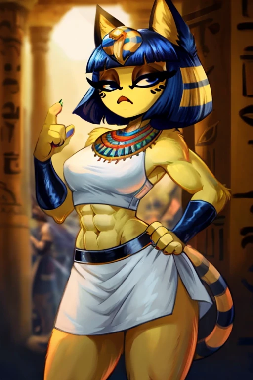 ((best quality)), ((masterpiece)), (detailed), Ankha with abs wearing a crop top of her white sleeveless dress with white dress skirt, she is talking, trending on artstation, digital artwork