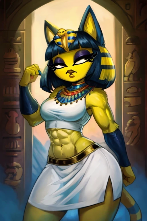 ((best quality)), ((masterpiece)), (detailed), Ankha with abs wearing a crop top of her white sleeveless dress with white dress skirt, she is talking, trending on artstation, digital artwork