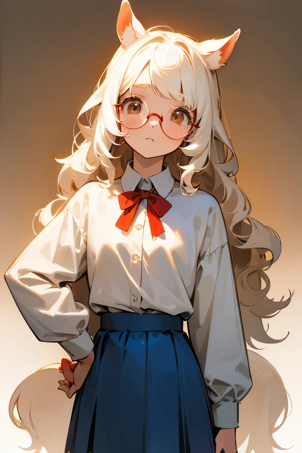 Centaur girl, short wavy white hair, cropped bangs, horse ears, light brown eyes, round glasses, red cheeks, worried face, white shirt, blue skirt, white centaur tail