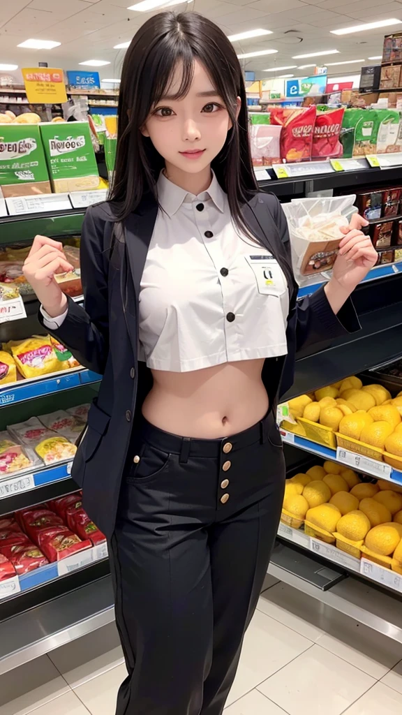Women in crop top supermarket retail staff button uniform, showing navel, show belly, low waist pants, in supermarket
