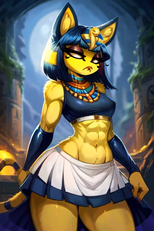 ((best quality)), ((masterpiece)), (detailed), extremely long-haired Ankha with abs wearing a crop top of her white sleeveless dress with white dress skirt, she is talking, trending on artstation, digital artwork