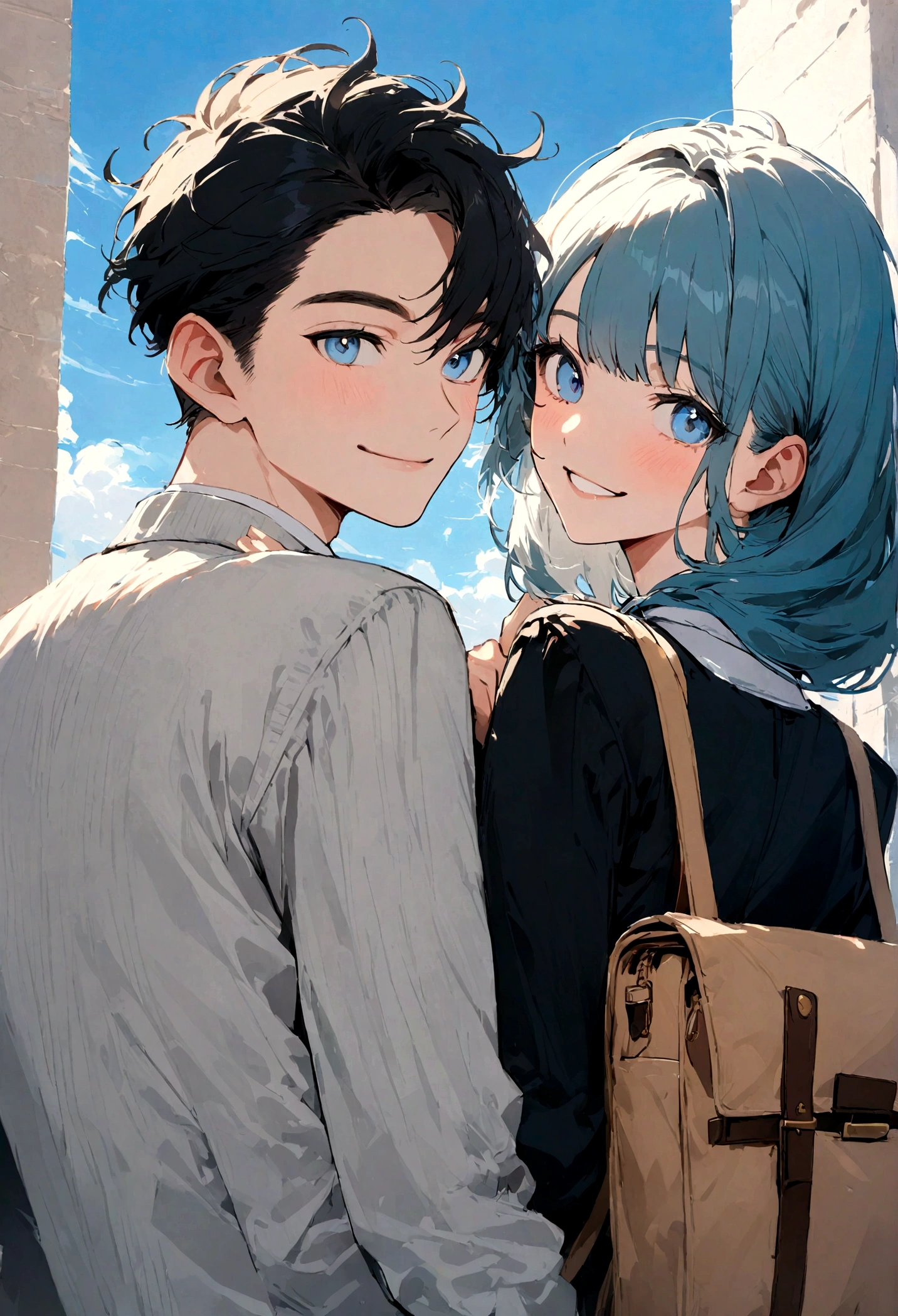 Male and female college students smiling and looking back under the blue sky
