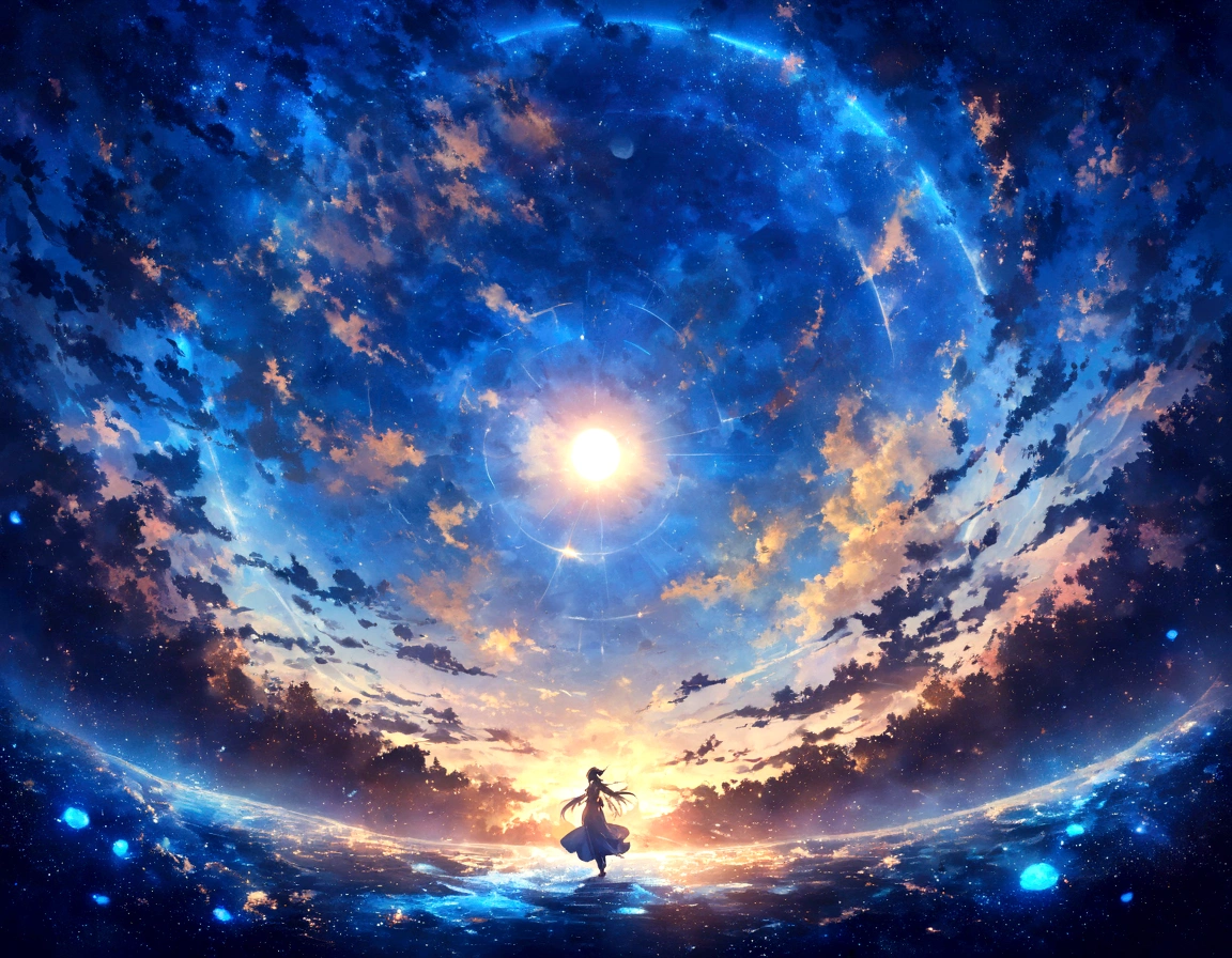 Blue Earth seen from the moon、Enhance the overall feeling of calm and comfort emanating from the image、The sun is visible deep inside the earth