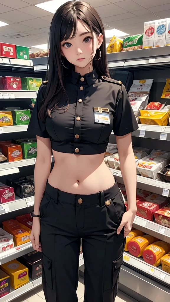 (onoff,side-by-side photo,split screen),(masterpiece:1.4), (best quality:1.4) ,8K,cinematic lighting,((best quality)), (masterpiece) , (realistic shadow) , (depth of field),(intricate details:1.4), 1girl,Japanese,(Black mideum girly hair with asymmetrical bangs:1.3),Happy smiling face,(Slender body:1.4),(hairy pussy),camel toe,konbini, scenery, shop,convinience store,food, indoors, employee uniform, uniform,id card, striped, shirt, pants, standing, famima, famimaU,