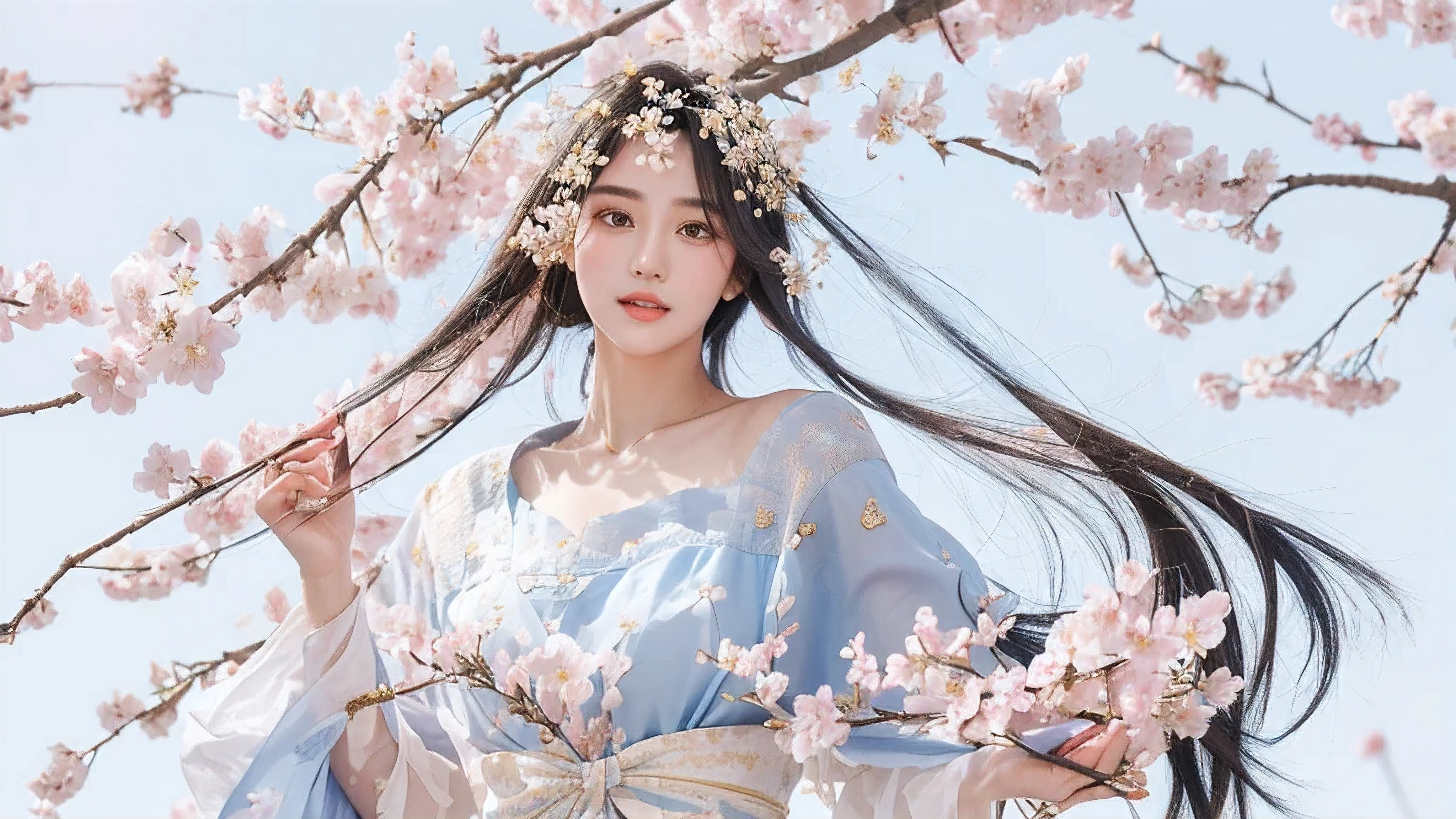 Realistic style,black hair,blue clothes,Gold pattern,A picture of a woman with long hair,A flower stuck in his hair,delicate face,Cherry blossoms flying