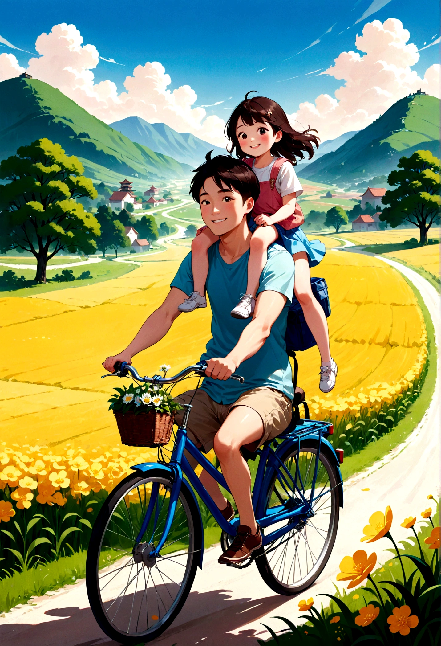 Young Chinese dad riding a bicycle, carrying a cute girl, riding in the field, full of smiles,beautiful spring scene, poster graphic design,flat illustration,warm color,zhang minmei's style,delicate details,high quality