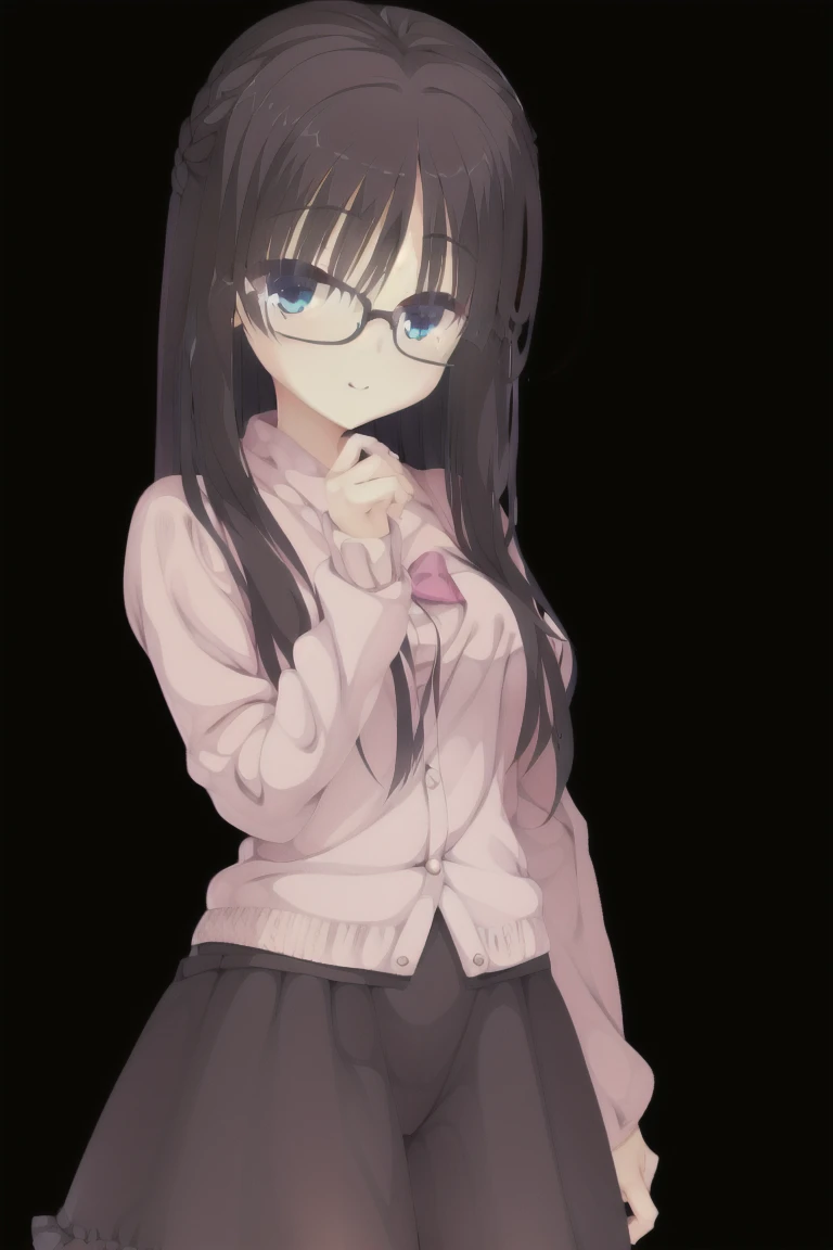 1girl,solo,smiling, glasses, woman, brown hair, medium hair, A frilly pink sweater with exposed shoulders, black skirt with a ribbon,medium breast, full body, full body, thigh-highs,Character portrait, whole body, expensive_solve, clear_image, expensive_Contrast, 8k, Sparkling, beautiful_detailed_face_and_eye, (Black Hair:1.25), 白 eye,Black background