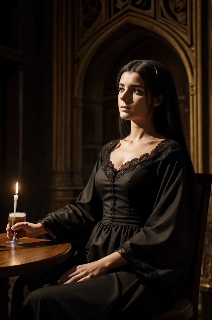 Sainte mort, tête de mort vêtue d'une robe noire. Assise devant la télévision avec un verre de bière atmosphère tranquille 