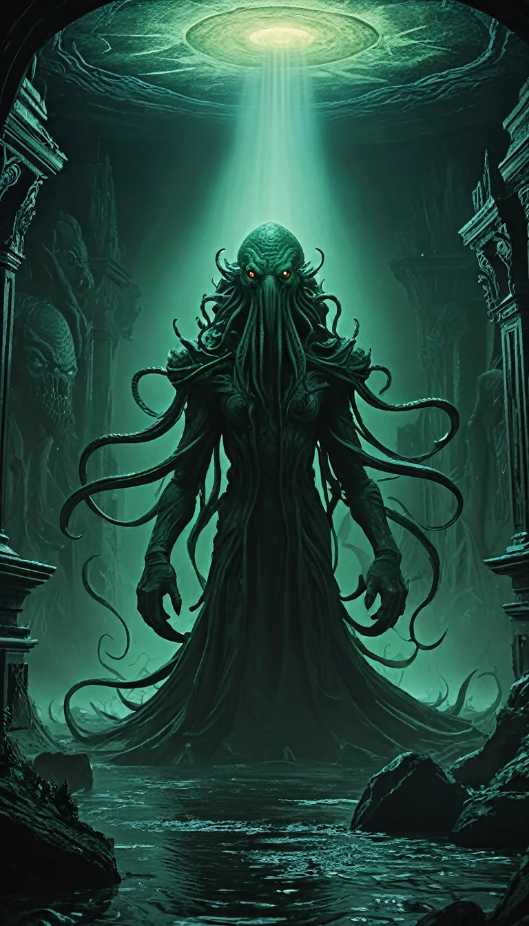 cthulhu, the great terrifying ancient one, horror, immersive background, dark fantasy, eldritch, cosmic horror, H.P. Lovecraft, mythos, surreal, nightmarish, chiaroscuro lighting, moody atmosphere, intricate details, cinematic composition, dramatic lighting, deep shadows, unsettling, sinister, otherworldly, (best quality,4k,8k,highres,masterpiece:1.2),ultra-detailed,(realistic,photorealistic,photo-realistic:1.37)