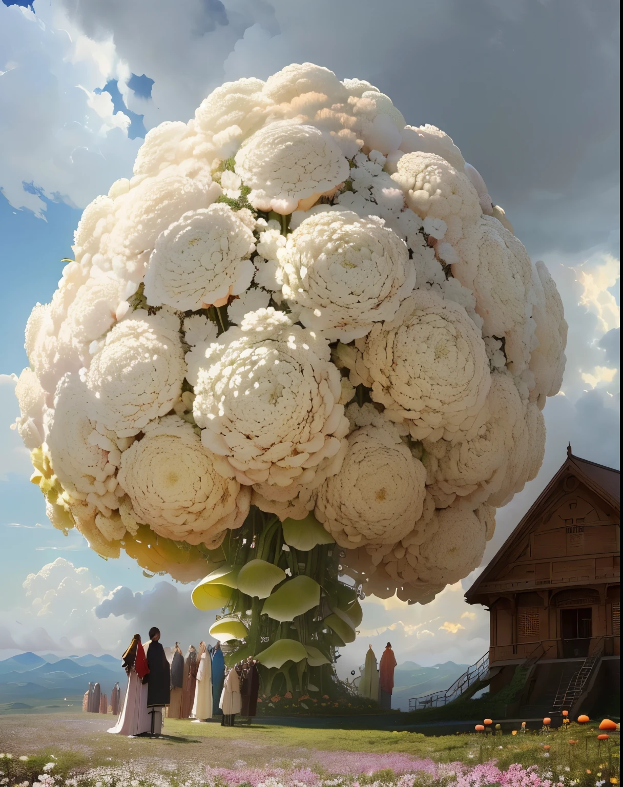 Alafia stood on the mountain with many people, Huge flower, Giant flower头, Huge explosion, Huge flowers, Huge flower朵, huge, Giant flower, Beautiful big flowers, huge huge scale, Huge cloud, Huge explosion, Huge Mushroom, Surrealism!!!, lots of clouds, huge cumulonimbus cloud, Unusual composition